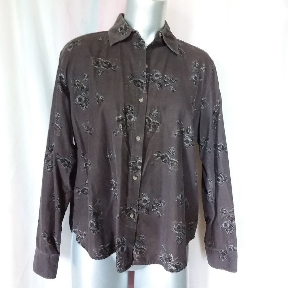 Button Down Brown Corduroy Shirt with Rose Pattern